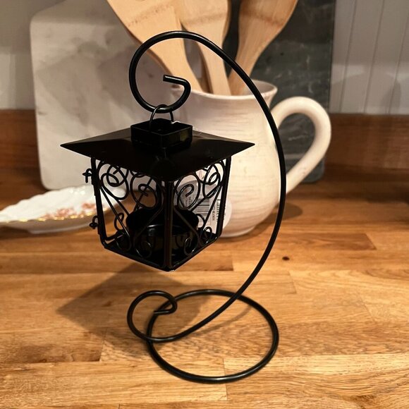Mid-Century Modern Metal Black Bird House Cage Tea Light Hanging Lantern w/Stand - Picture 2 of 9